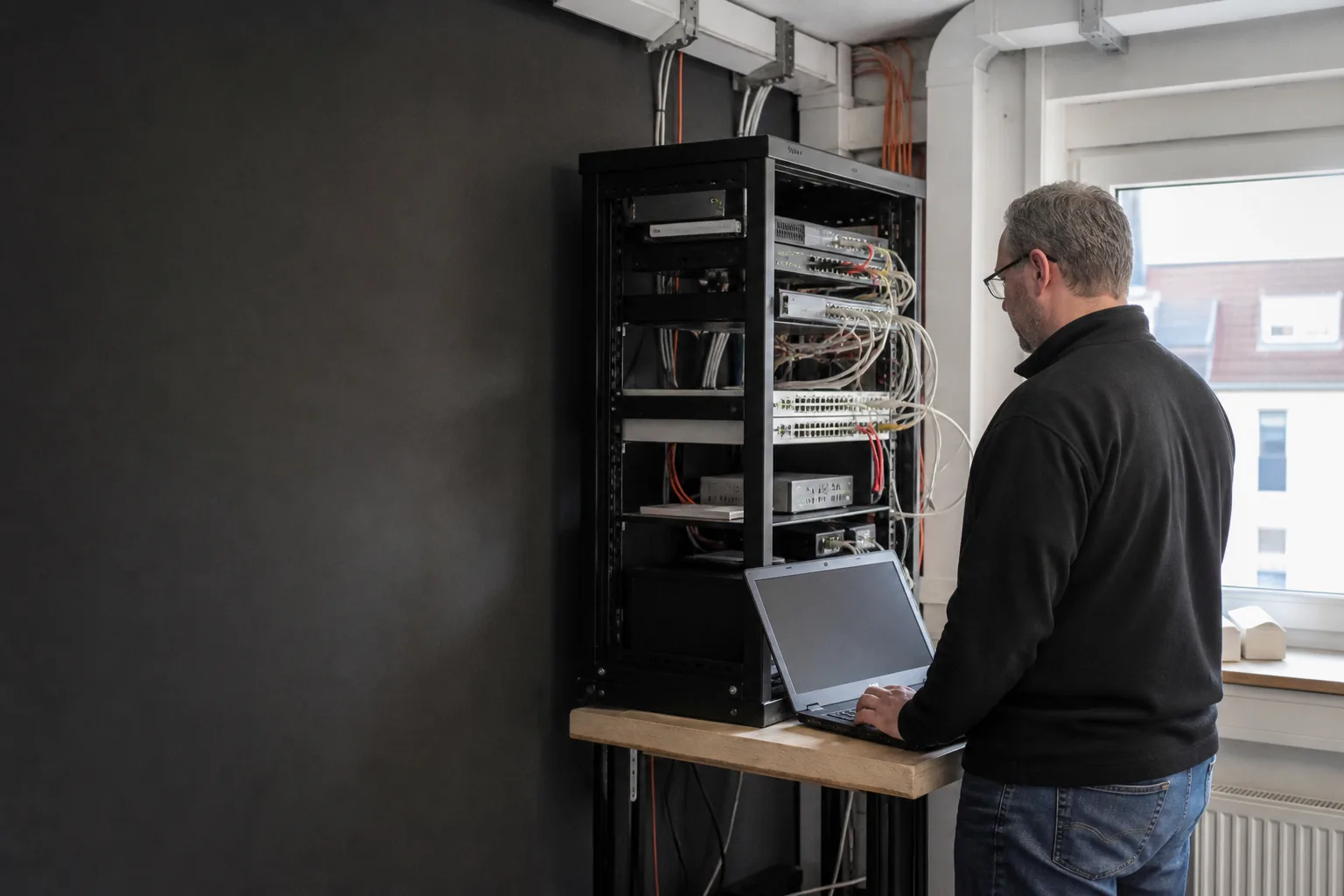 IT-Techniker prüft einen kompakten Netzwerkschrank in einem Hamburger Büro.